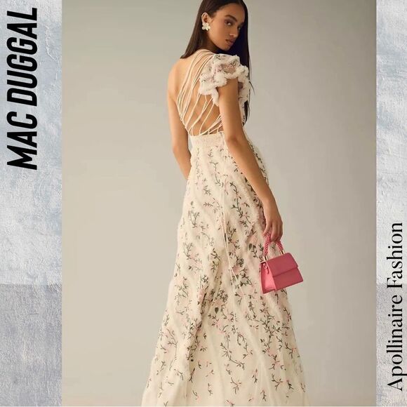 MAC DUGGAL ONE SHOULDER MAXI DRESS WHITE WITH FLORAL EMBROIDERED NWT SIZE 14 - Picture 4 of 9